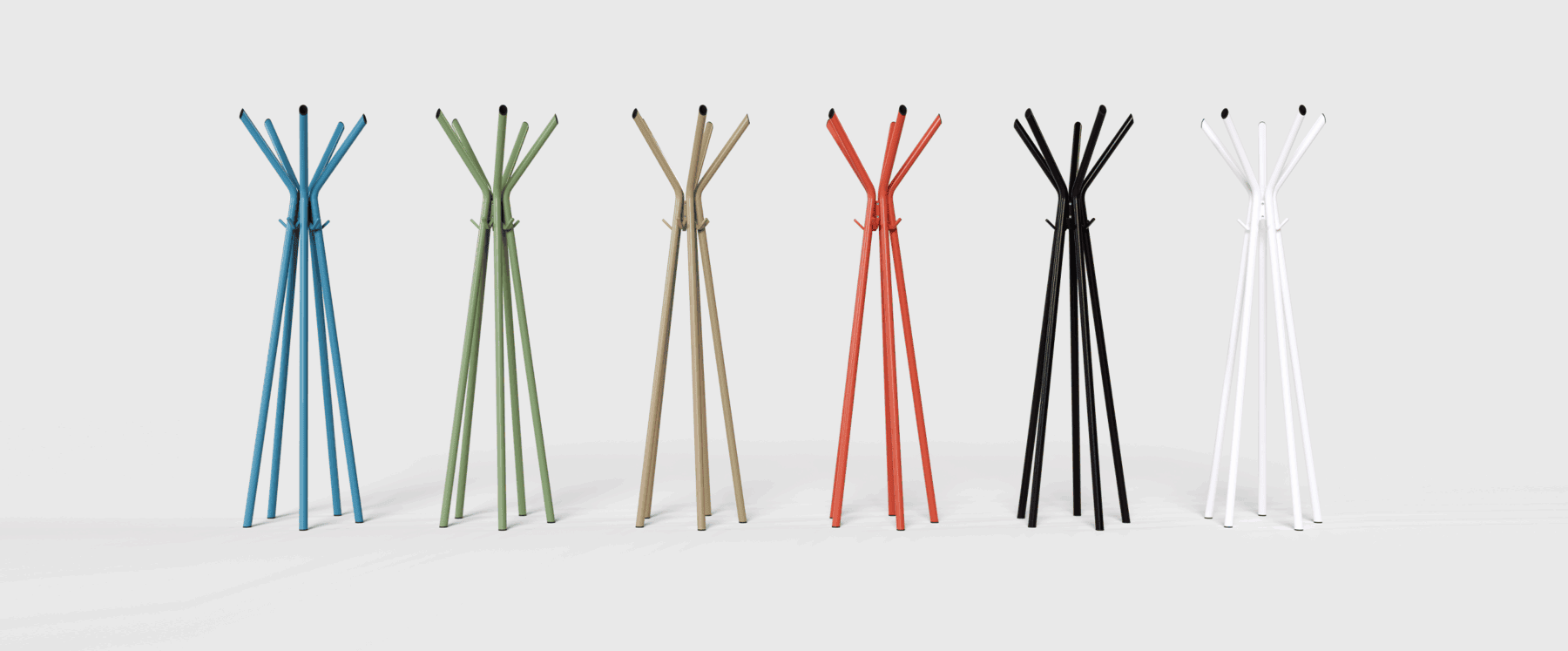 Row of coat racks in a variety of colors